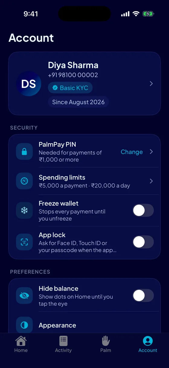 Account settings in dark mode