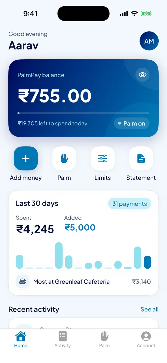 Home: balance, today's limit and the last 30 days
