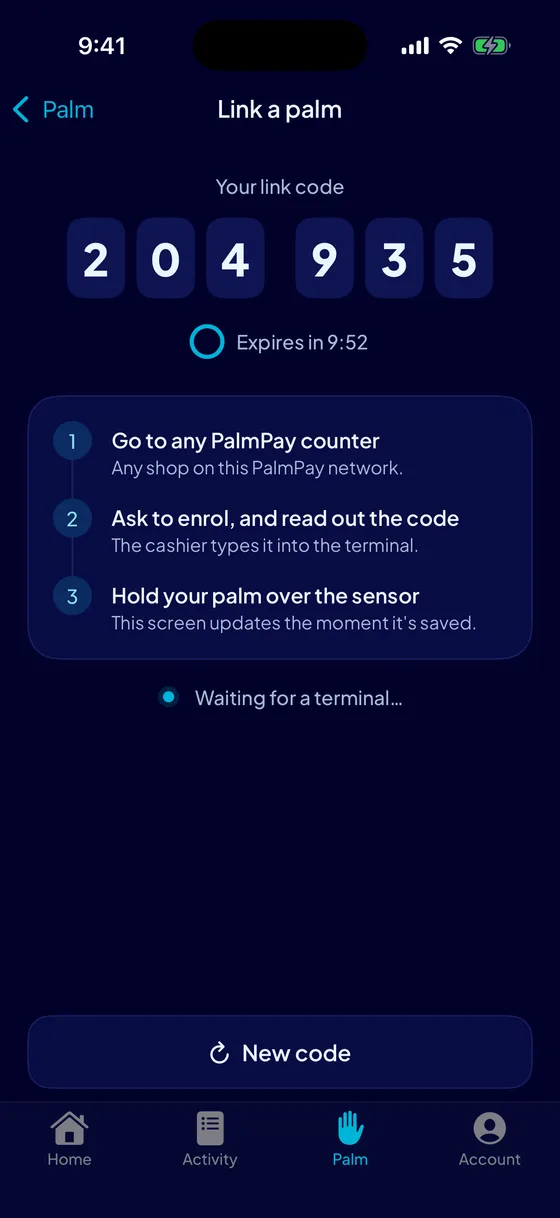 Link a palm with a six-digit code