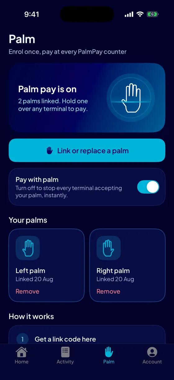 The Palm screen of the PalmPay wallet: palm pay is on, two palms linked